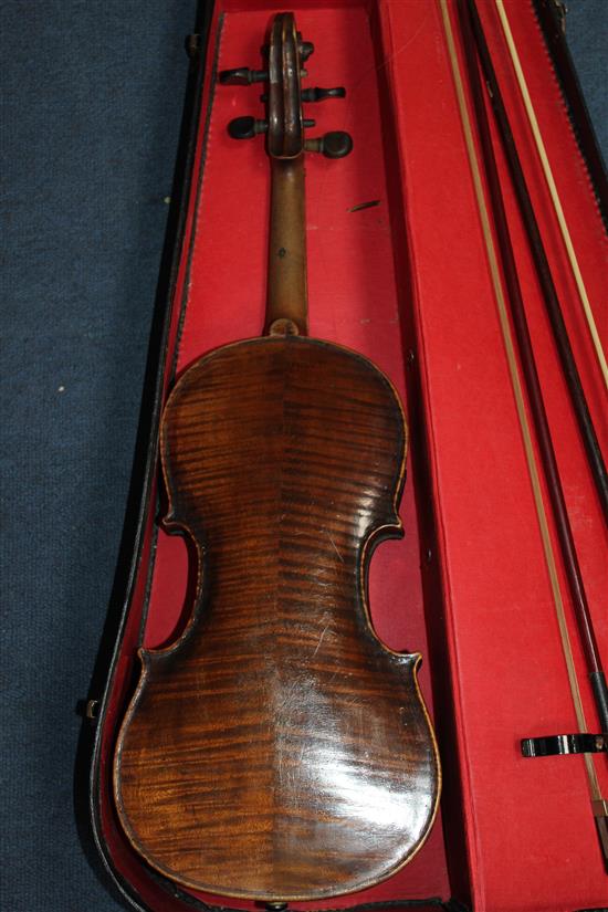 A 19th century violin, case & two bows